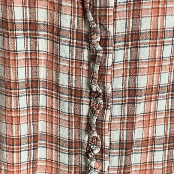 Loft Button Up Shirt Women L Ruffle Buttons & Hi Neck Orange Plaid Long Sleeve - Picture 4 of 16
